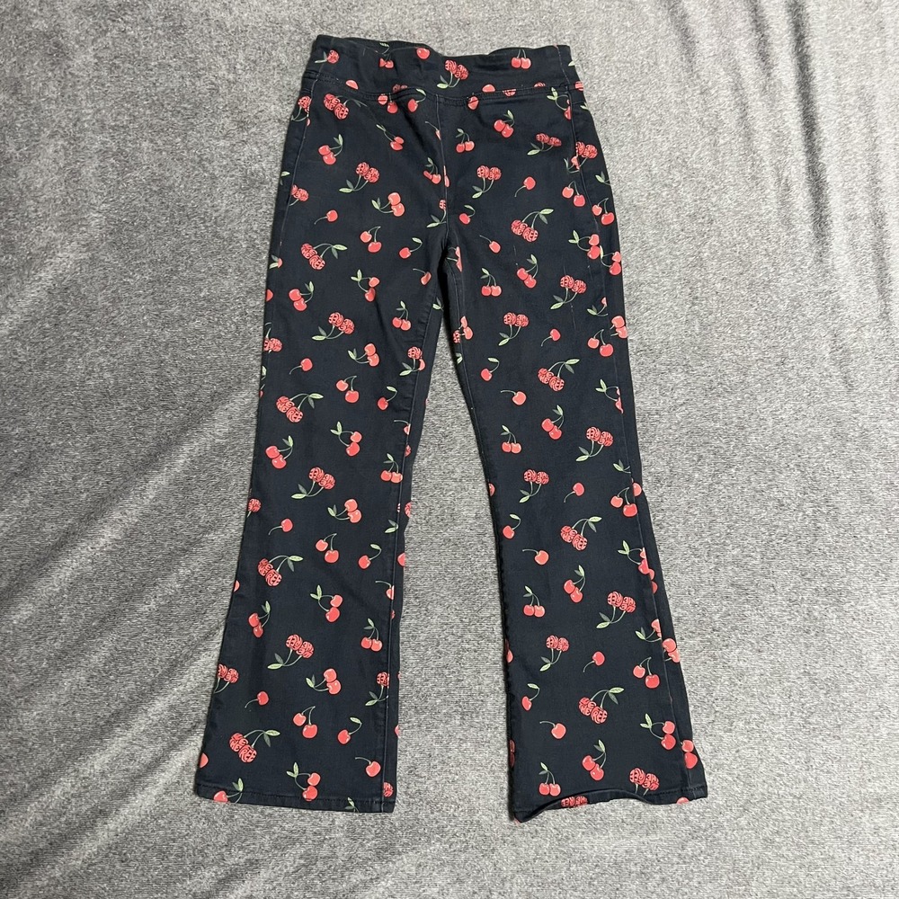 We The Free Cherry Print Flare Pants Size Small Black Red Stretch Retro